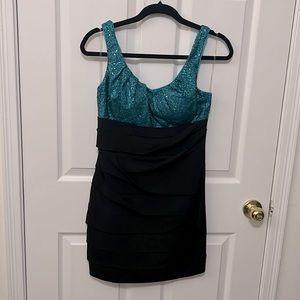 Turquoise sequin top with black rouched bottom dress size large